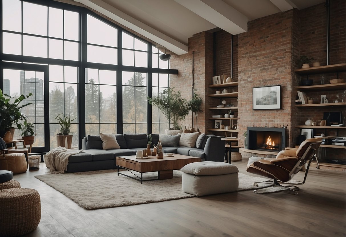 A cozy loft space with modern furniture, large windows, and sleek design elements