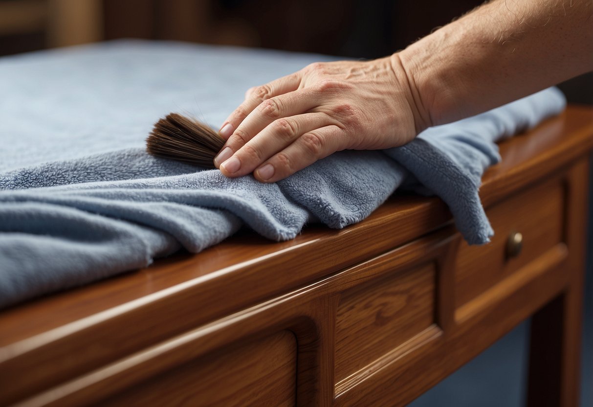 Teak furniture being wiped with a damp cloth, then dried with a clean towel. A small brush used to remove dirt from crevices