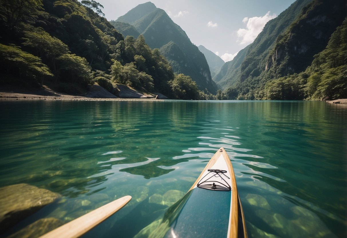 Crystal clear waters reflect lush green mountains as a paddleboard glides through a serene Asian river