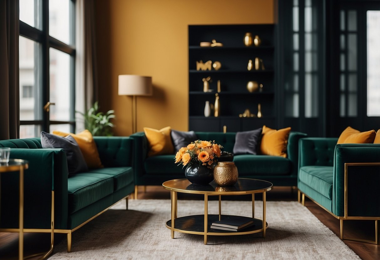 A room with black furniture, accented by warm tones like gold, mustard, and deep red. Cool tones like navy, emerald, and deep purple provide contrast