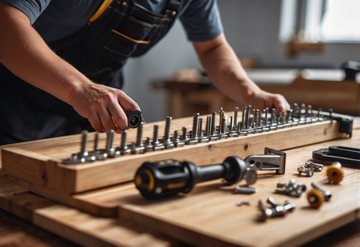 A person assembling a table from wooden planks and screws. Tools and instructions are laid out on a workbench