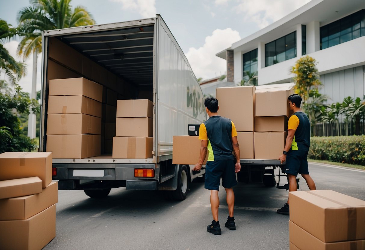 A delivery truck unloads boxes of loft furniture at a modern home in Singapore. A customer signs for the delivery as workers carry the items inside