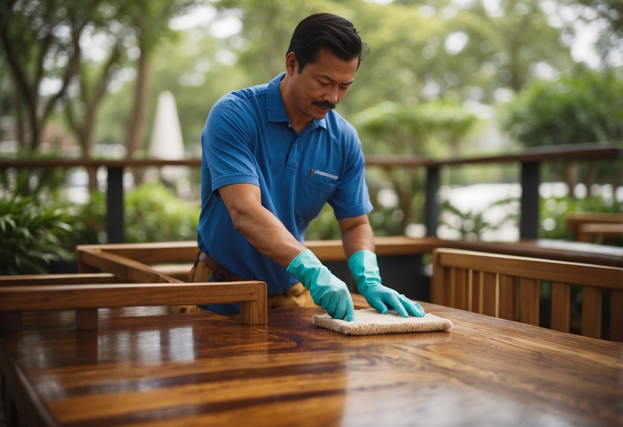 Teak furniture being meticulously cleaned and protected by Advanced Care and Protection