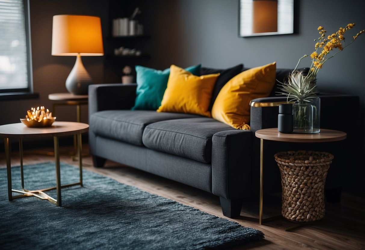The room features black furniture adorned with vibrant accessories and textured fabrics in complementary colors