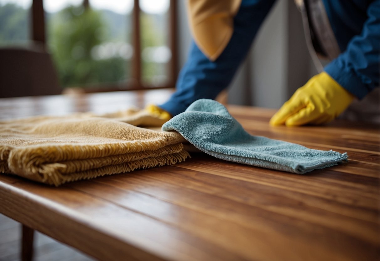 A person wiping down a teak table with a soft cloth, removing dust and dirt. Nearby, a bottle of teak cleaner and a scrub brush sit on the ground