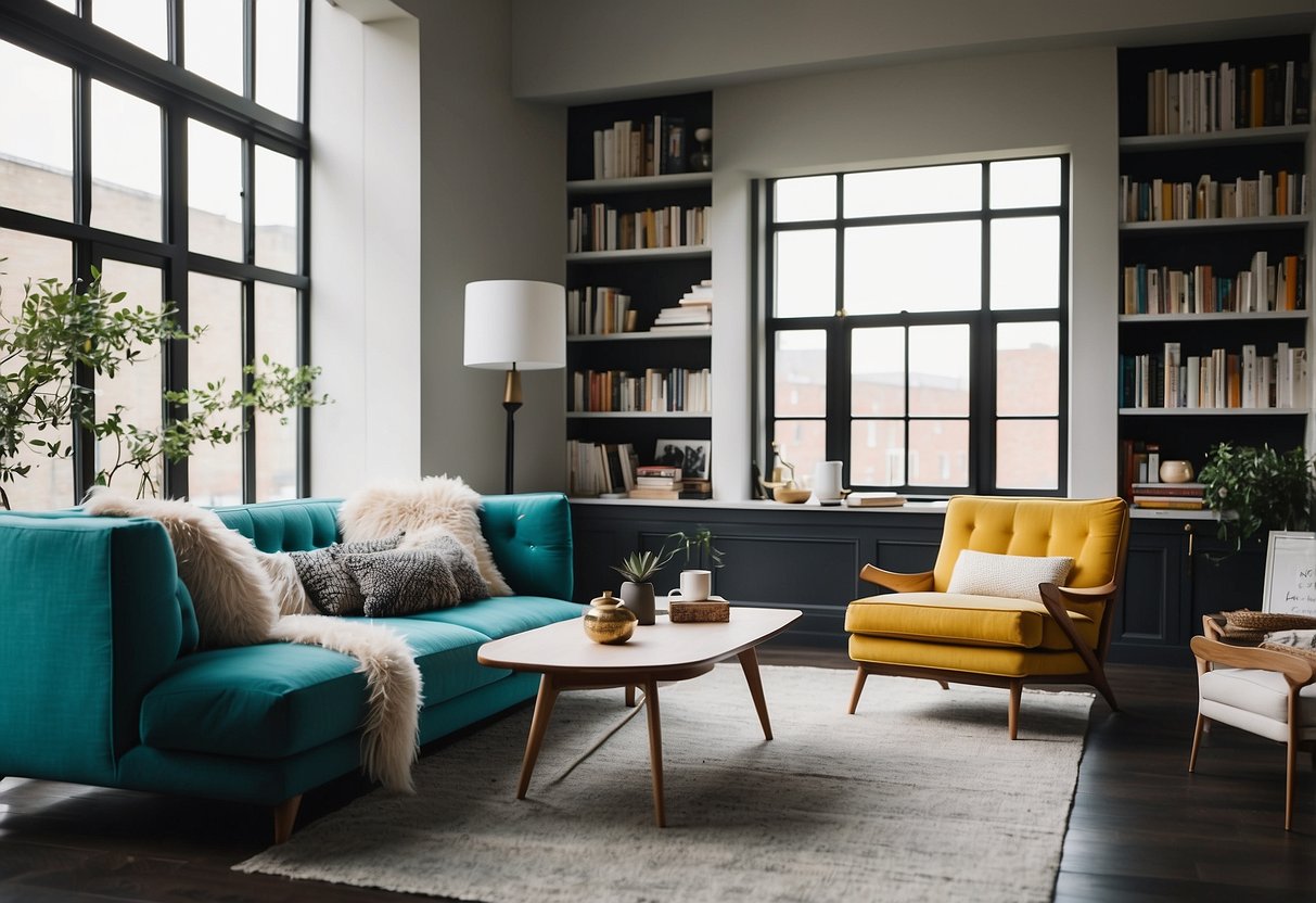 A modern loft space with sleek furniture, clean lines, and pops of color. A cozy reading nook with a comfortable armchair and floor-to-ceiling bookshelves. Bright natural light streaming in through large windows
