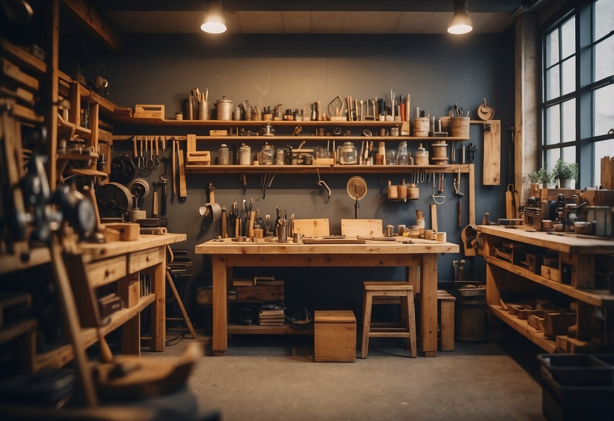 A cluttered workshop with tools and wood, a blueprint on a workbench, and a finished piece of DIY furniture on display