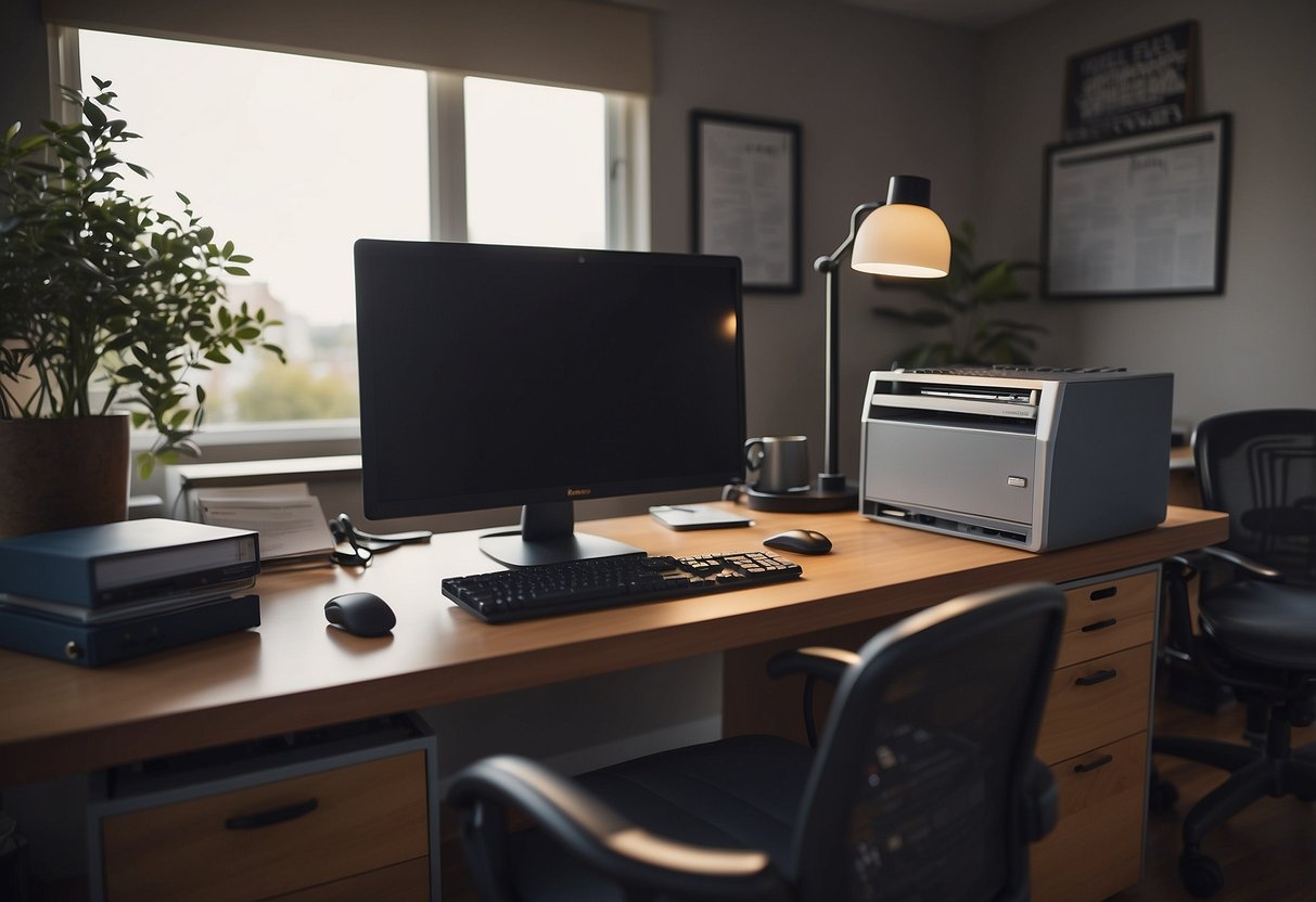 The scene includes a desk with a computer, chair, filing cabinet, and shelves with binders and folders. A calculator, pen holder, and desk lamp are also present