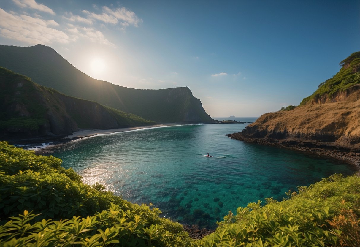 Crystal clear waters surround Jeju Island, revealing vibrant coral reefs and lush greenery. Paddleboarders glide along the coast, passing dramatic cliffs and secluded beaches. The sun sets behind the iconic Hallasan Mountain, casting a warm glow over the serene