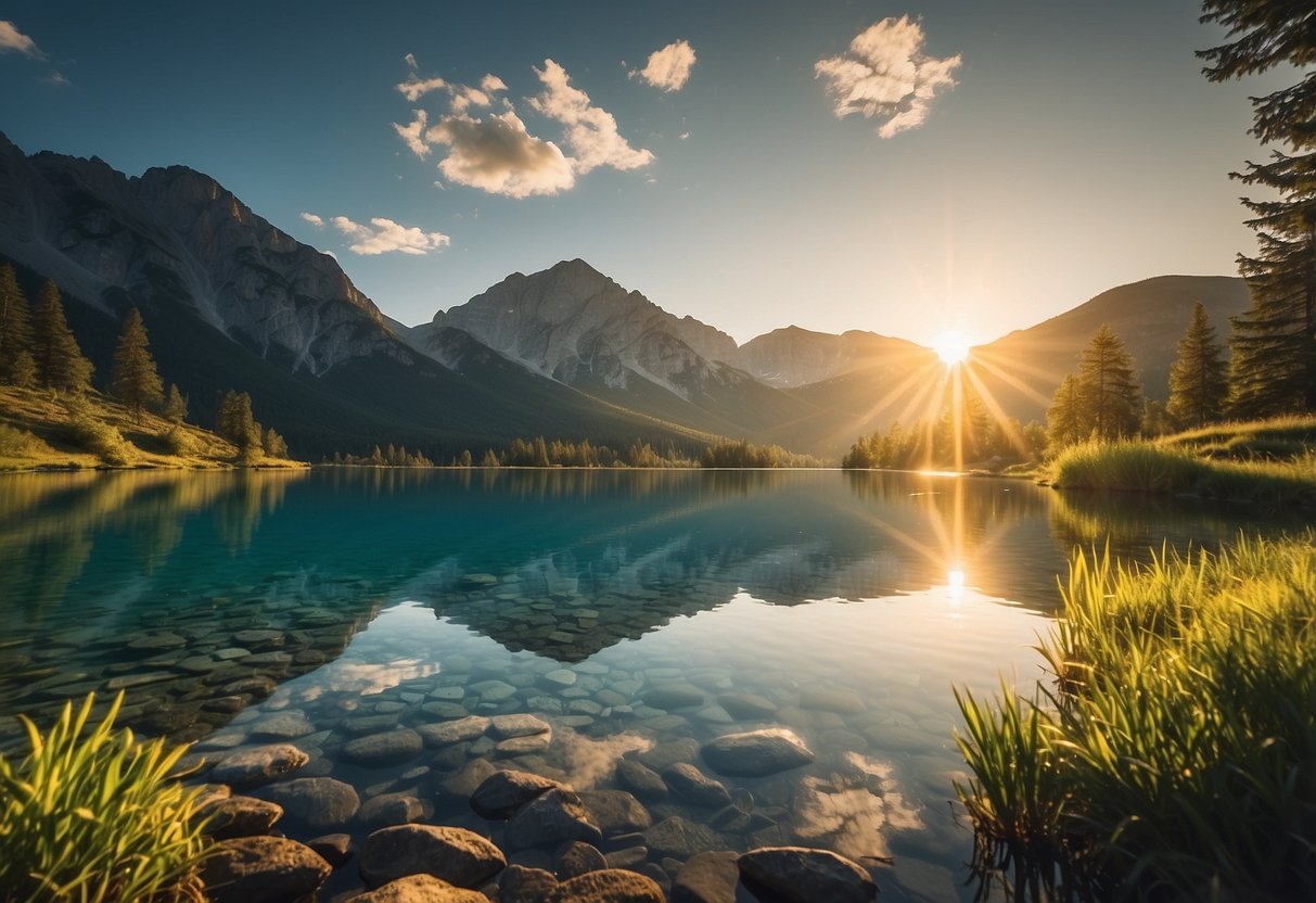 Crystal clear waters reflect the vibrant greenery of the surrounding mountains. The sun sets behind the horizon, casting a warm glow over the serene landscape