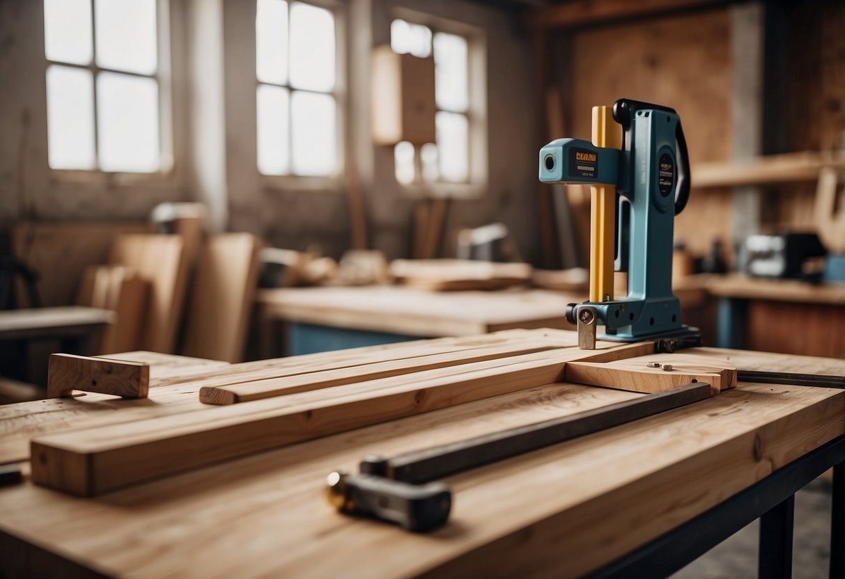 A workshop with tools and materials for building furniture. Sawhorses, wood planks, measuring tape, hammer, nails, and a workbench