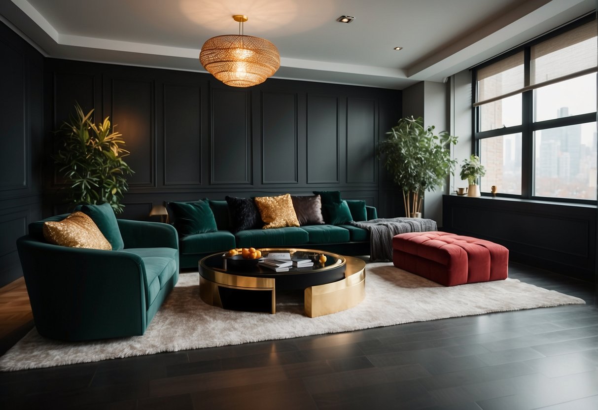 A room with black furniture, accented with bold, contrasting colors like red, gold, or deep green. Lighter neutrals like white or cream can also complement the dark furniture