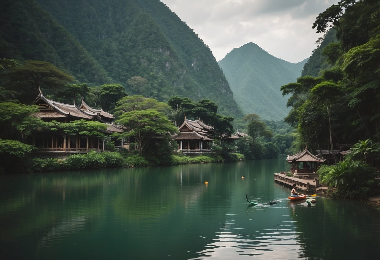 A serene river winds through lush green mountains, with temples and traditional villages dotting the landscape. Exotic wildlife can be seen along the banks, and the tranquil water is perfect for paddleboarding