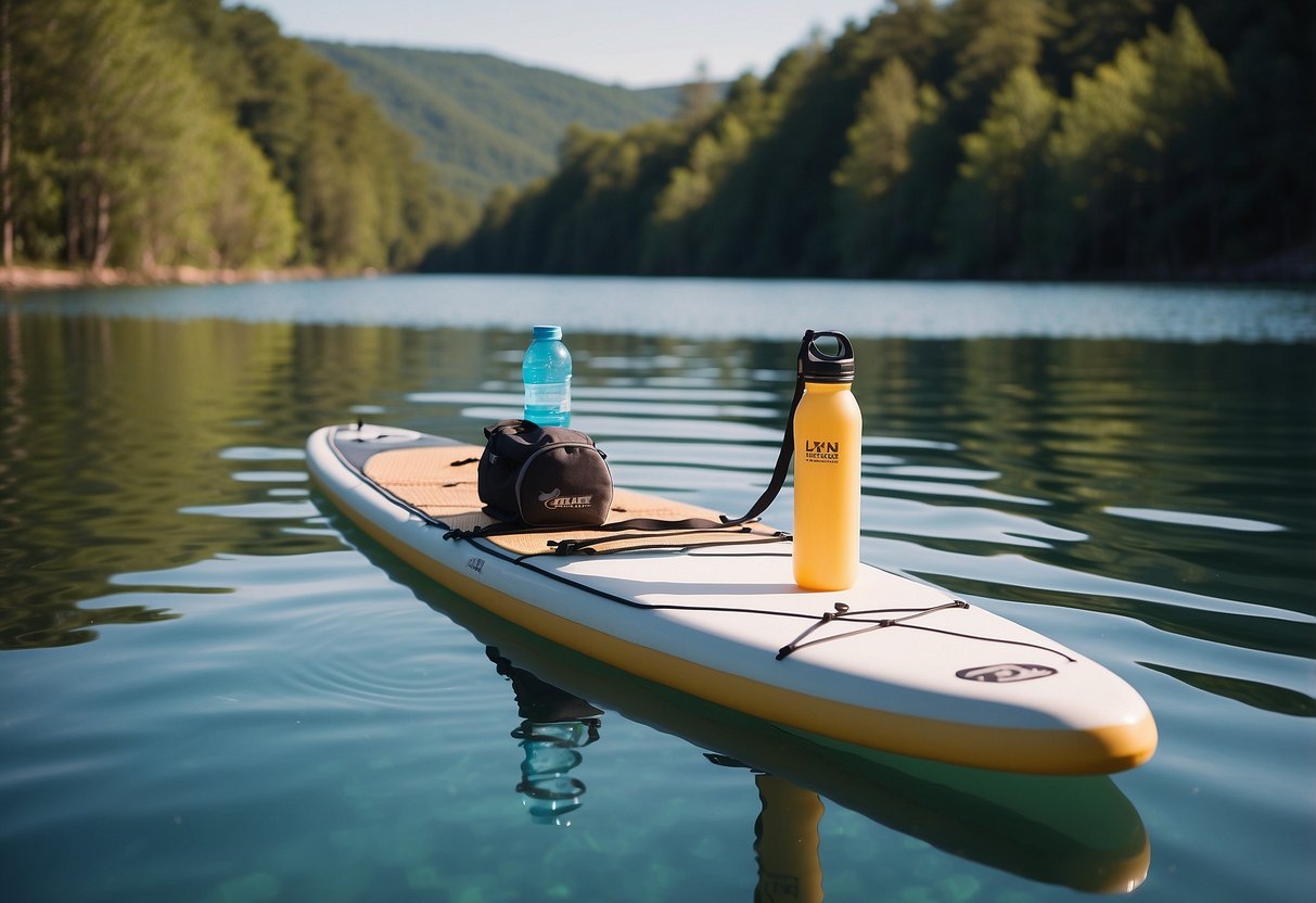 A paddleboard floats on calm water, with a reusable water bottle and mesh bag for collecting trash secured to the board. A paddle rests across the board, and a serene natural landscape is visible in the background