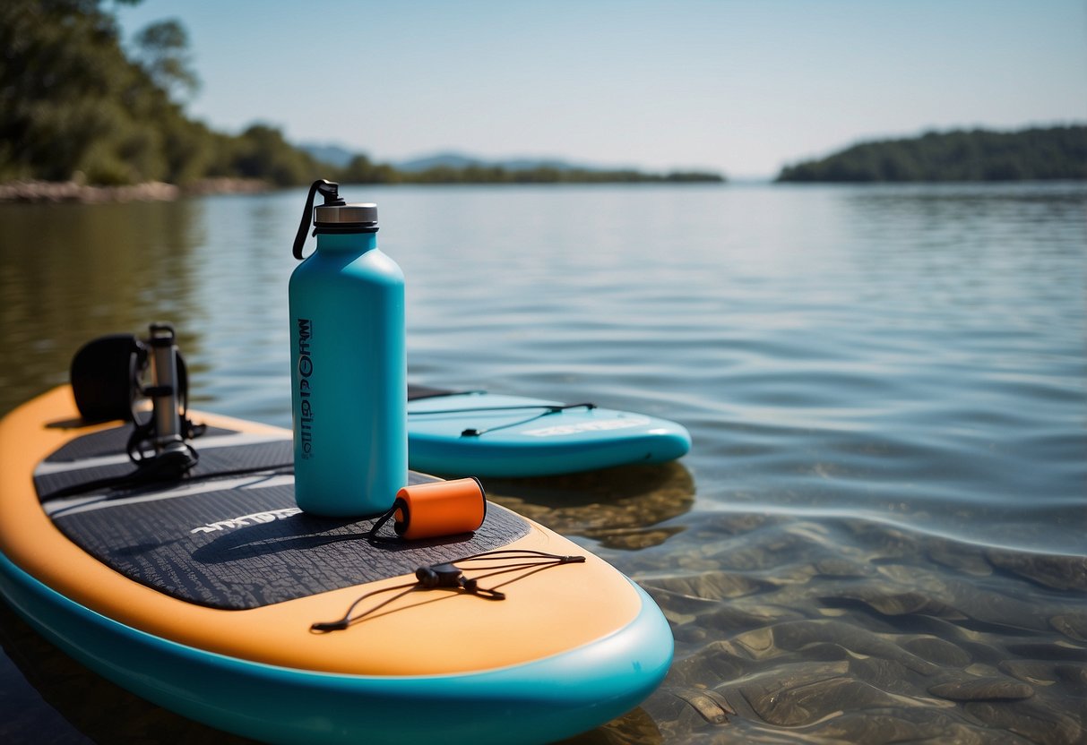 A paddleboard with reusable water bottles, floating on calm water with a shoreline in the background