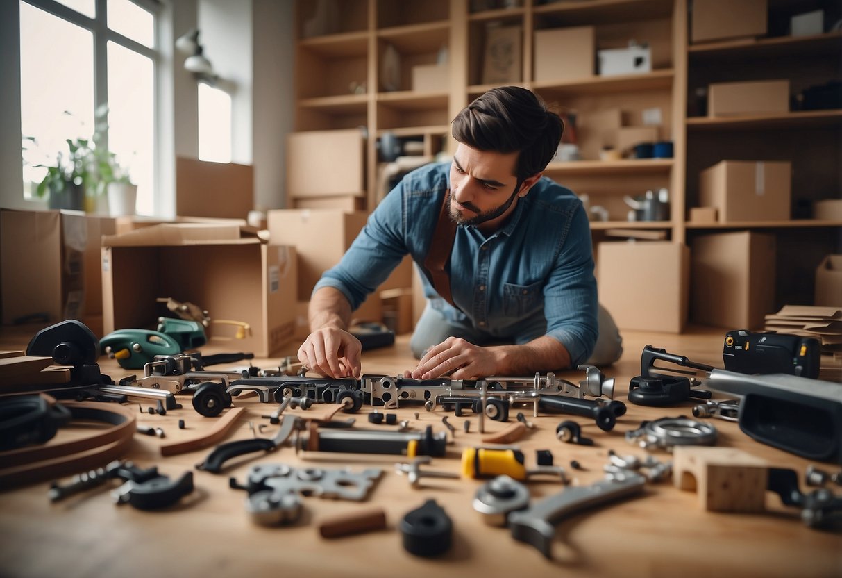 A person assembling furniture from a kit, surrounded by tools, instruction manual, and various parts spread out on the floor