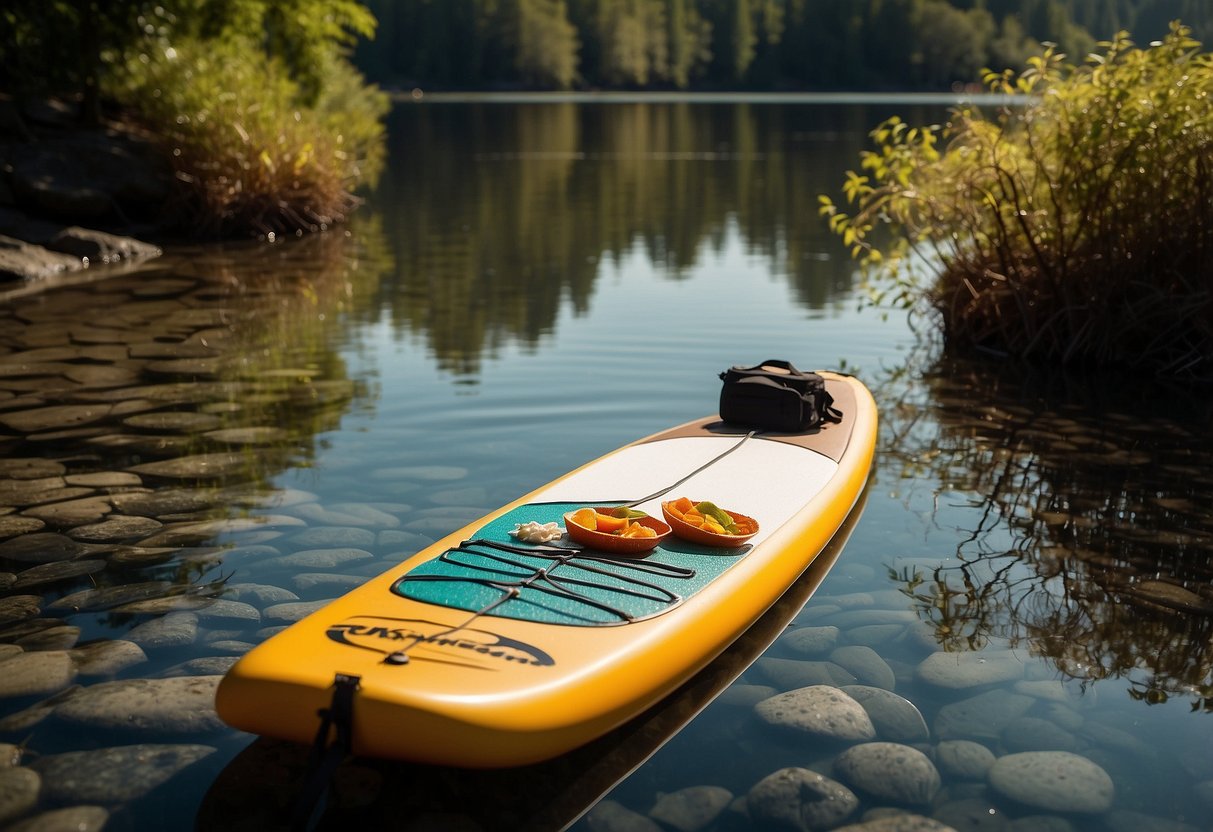 A paddleboard rests on a tranquil shoreline, surrounded by scattered eco-friendly snacks and reusable containers. The scene exudes a sense of environmental consciousness and outdoor adventure