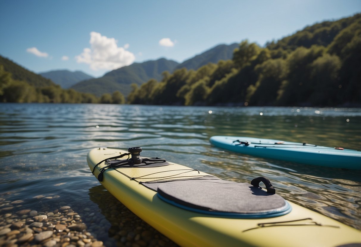 A paddleboard floats on clear water, surrounded by beautiful scenery. A reusable bag is visible, while plastic bags are discarded on the shore