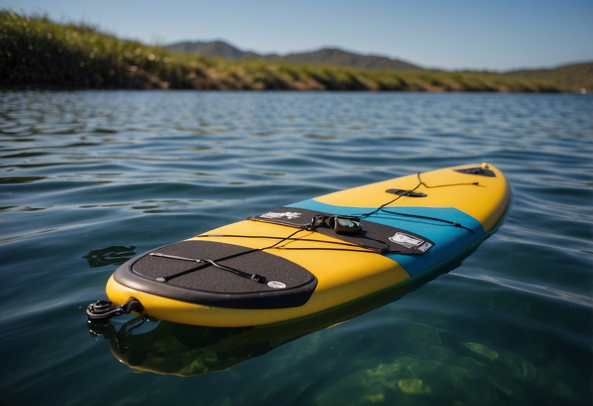 A paddleboard floats on calm water, with a trash bag secured to the back. Surrounding the board are various types of waste, such as plastic bottles and wrappers, illustrating the need to dispose of waste responsibly