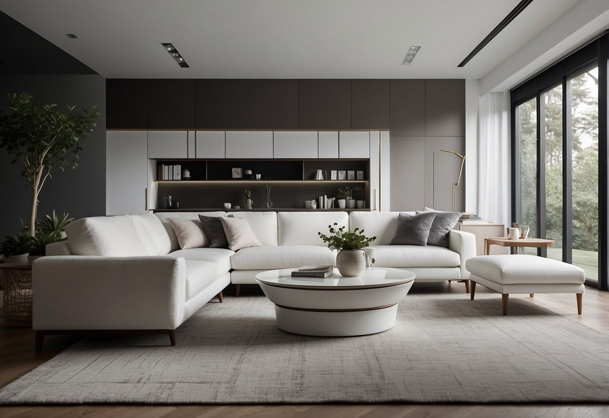 A white furniture set arranged in a modern living room, with a sleek sofa, coffee table, and matching chairs