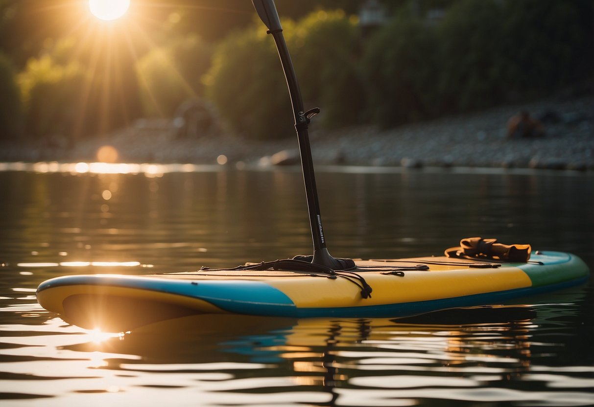 A paddleboard floats on calm water, with a small trash bag tied to the board. The sun shines brightly overhead, casting a warm glow on the scene