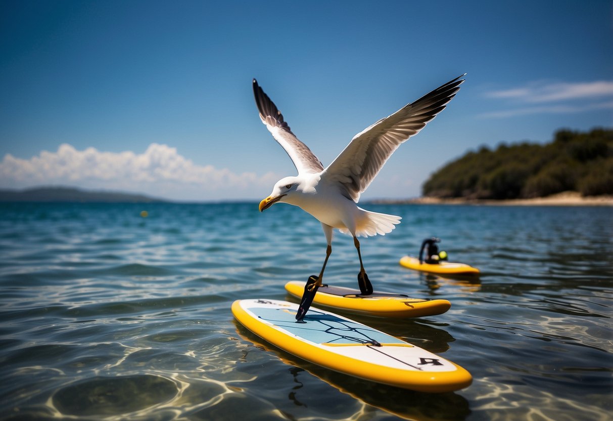 A paddleboard floats on clear water, surrounded by biodegradable sunscreen bottles. A seagull flies overhead