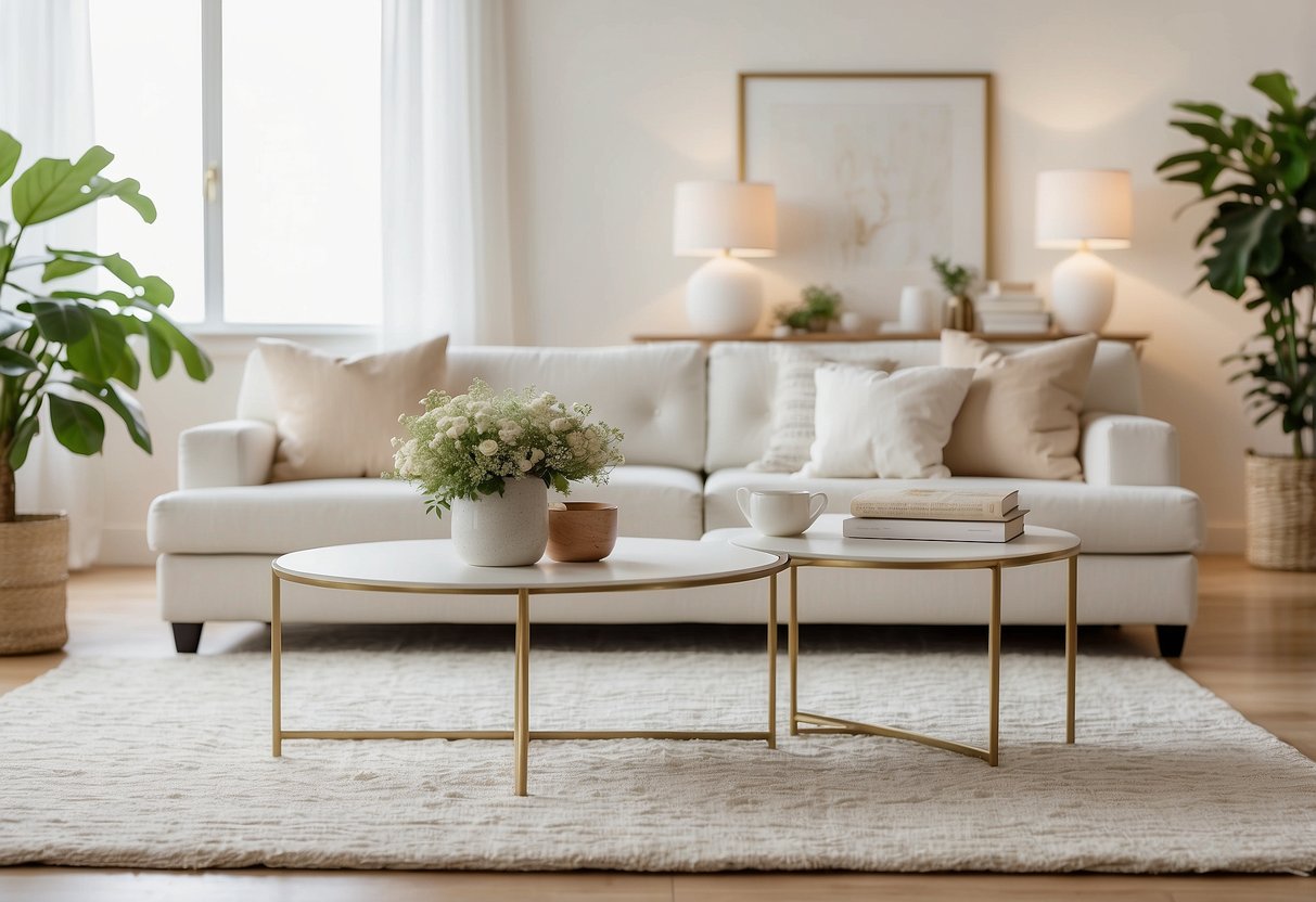 A bright, airy room with a pristine white furniture set, including a sofa, coffee table, and side chairs. The space is accented with soft, neutral-toned pillows and throws, creating a serene and inviting atmosphere