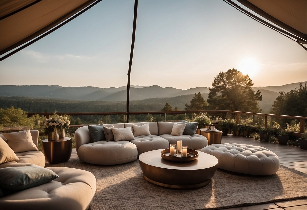 A lavish tent with elegant furniture, including a plush sofa, a stylish coffee table, and a cozy rug, set against a backdrop of serene nature