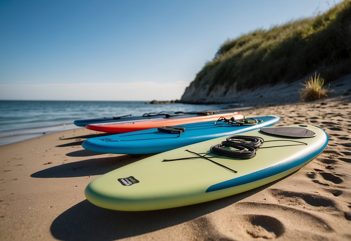 Eco-friendly paddleboards on clean beach with recycling bins nearby. Blue skies and calm waters. Wildlife in the distance