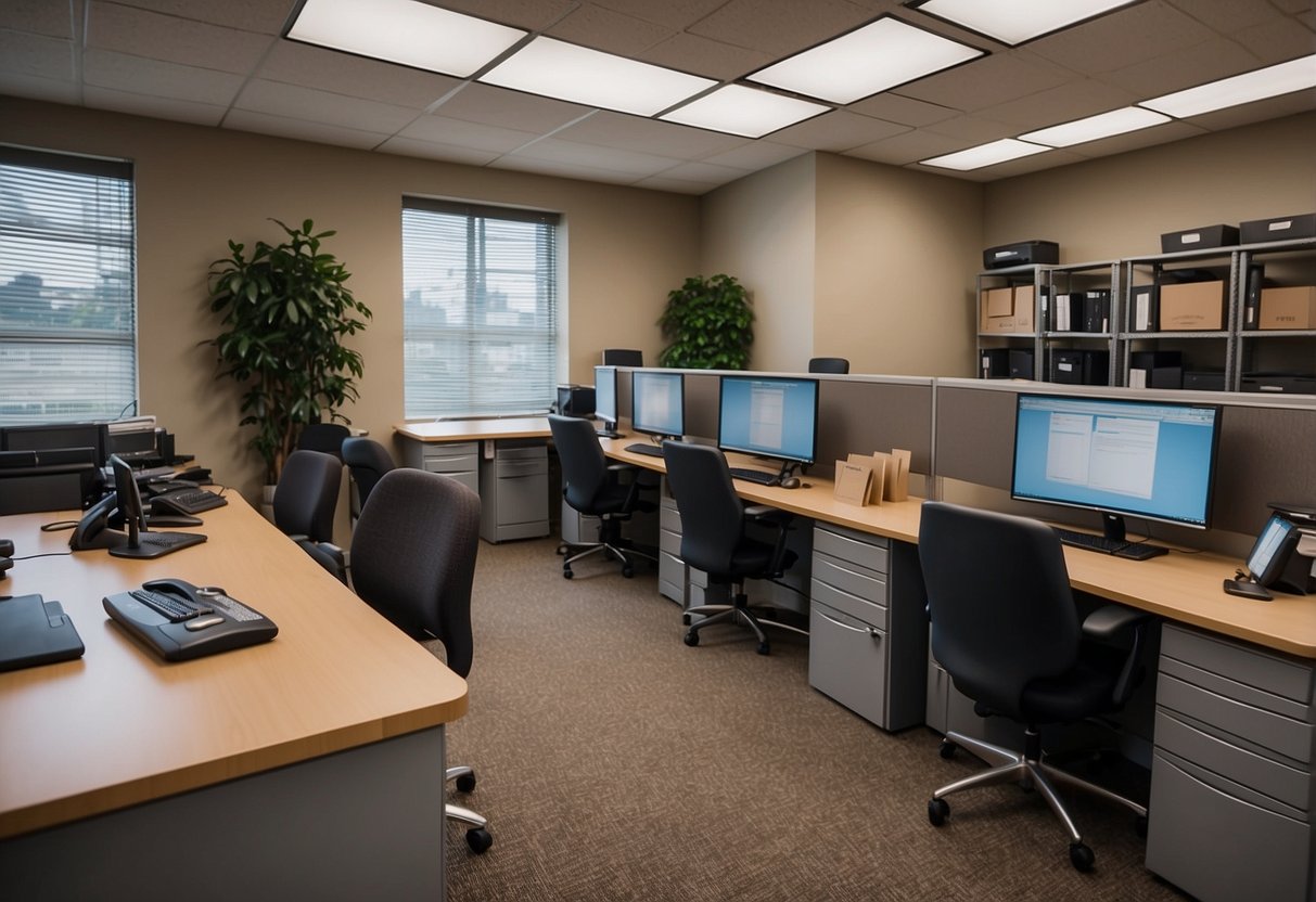 A well-organized office space with desks, chairs, filing cabinets, and shelves. The furniture and fixtures are arranged for efficiency and accessibility