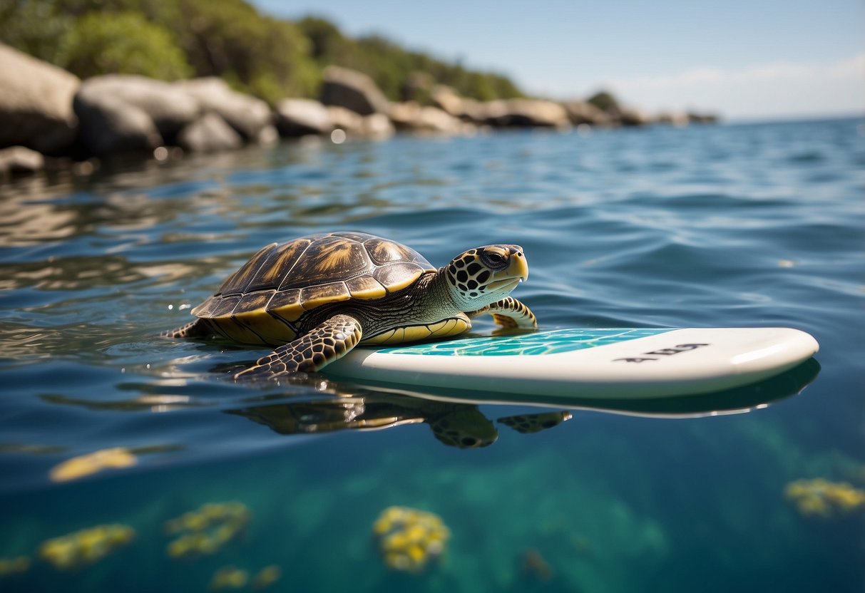 A paddleboard floats on clear water surrounded by floating plastic waste. A turtle swims nearby, struggling to avoid the debris