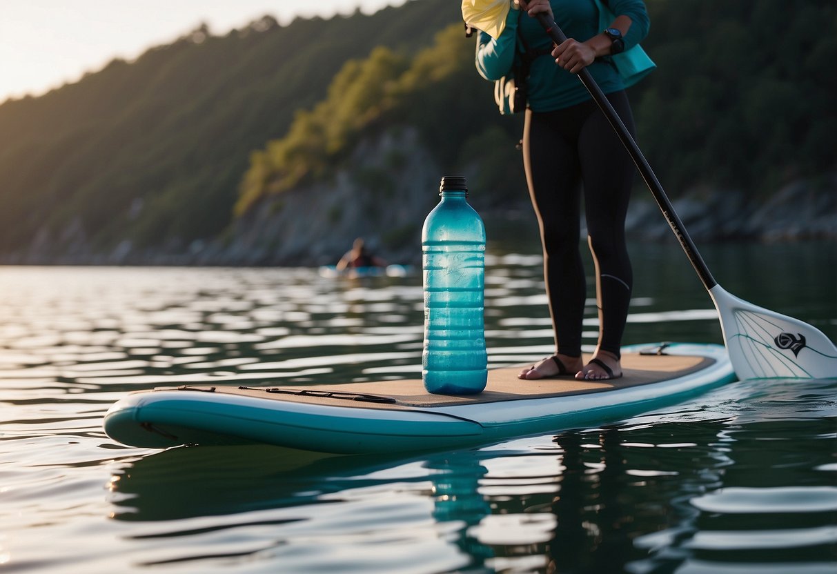 A paddleboard floats on calm water with a person's hand holding a reusable water bottle. Trash is collected in a mesh bag attached to the board. The shoreline is visible in the background