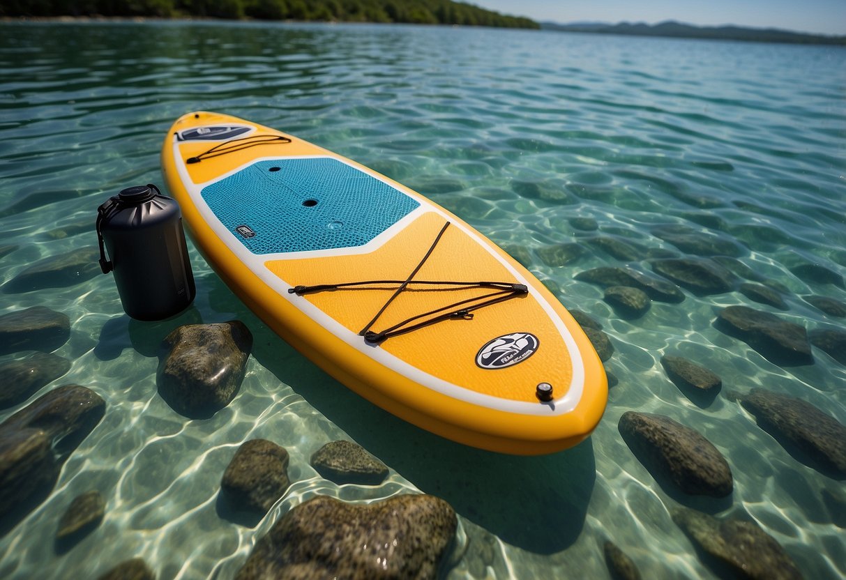 A paddleboard floats on clear water, surrounded by pristine nature. A reusable water bottle and a mesh bag for collecting trash sit on the board, emphasizing sustainable waste management