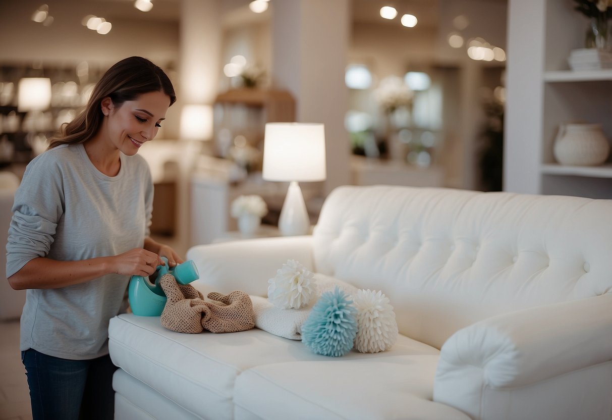 A person purchases a white furniture set at a store and arranges it in their home, adding decorative touches and cleaning supplies for aftercare