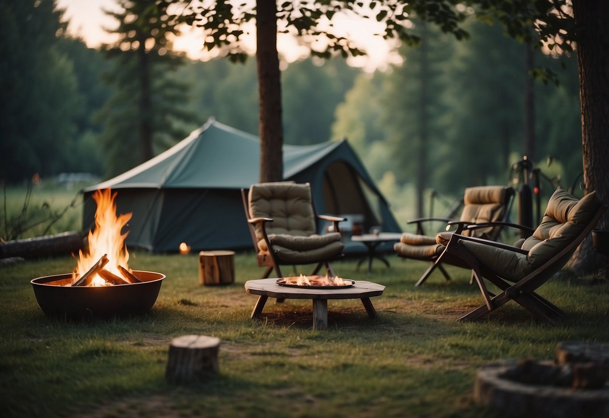 A cozy campsite with a spacious tent, a comfortable hammock, and a stylish folding chair around a crackling fire pit