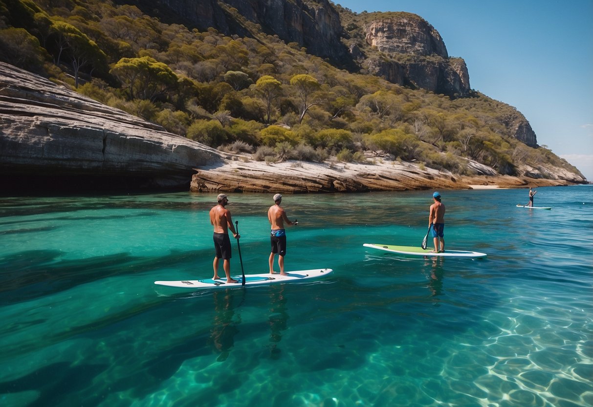 Crystal-clear waters surround paddleboarders at Australia's top destinations, with stunning coastal landscapes and vibrant marine life