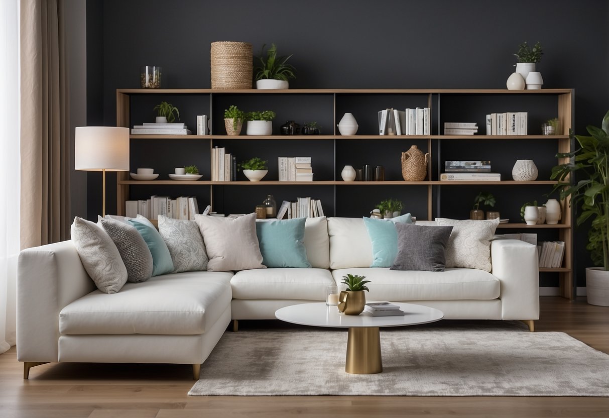 A bright, modern living room with a white furniture set arranged neatly, including a sofa, coffee table, and bookshelf