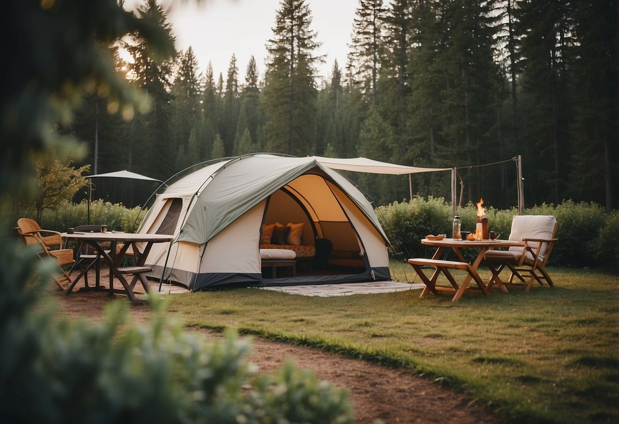 A cozy campsite with a spacious tent, plush seating, and a well-equipped kitchen area for luxurious outdoor living