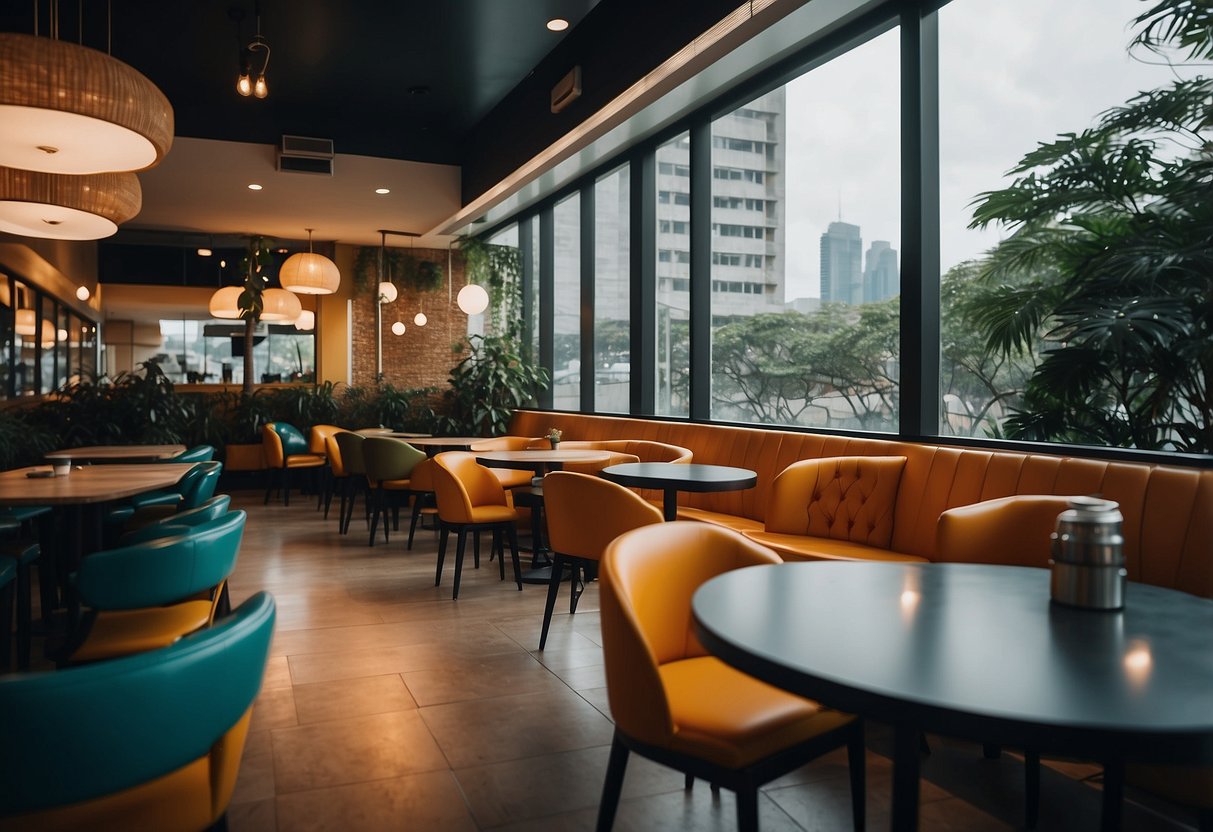 The cafe in Singapore is filled with sleek, modern furniture and vibrant colors, creating a welcoming and trendy atmosphere