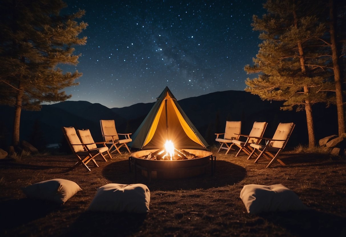 A cozy campsite with a spacious tent, elegant outdoor furniture, and a crackling fire pit under the starry night sky