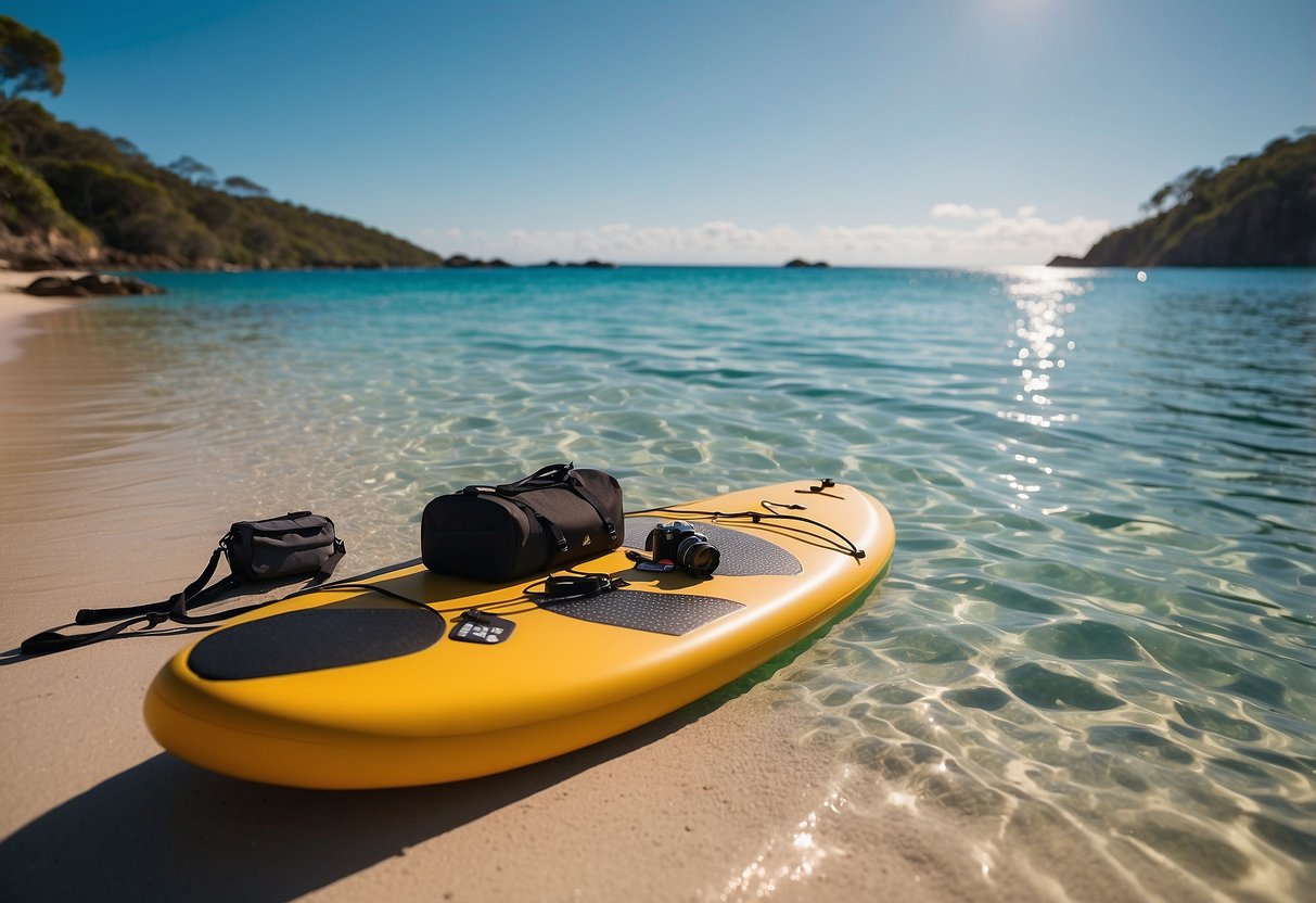 Crystal-clear waters surround a paddleboard with essential gear on a pristine beach in Australia. The backdrop includes a lush coastline, blue skies, and a sense of adventure