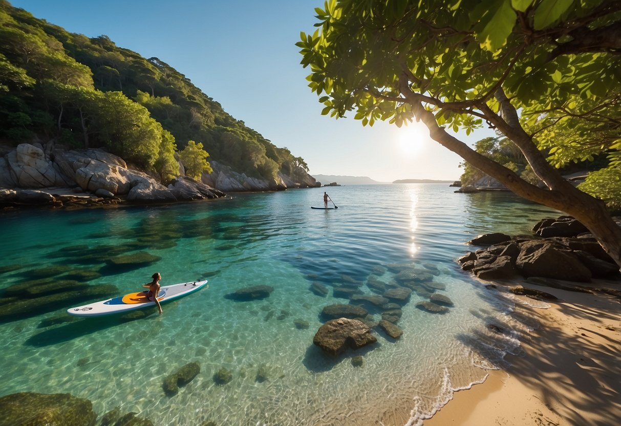 Crystal-clear waters surround a secluded beach with lush greenery. A paddleboard rests on the shore, ready for adventure. The sun shines brightly in the cloudless sky