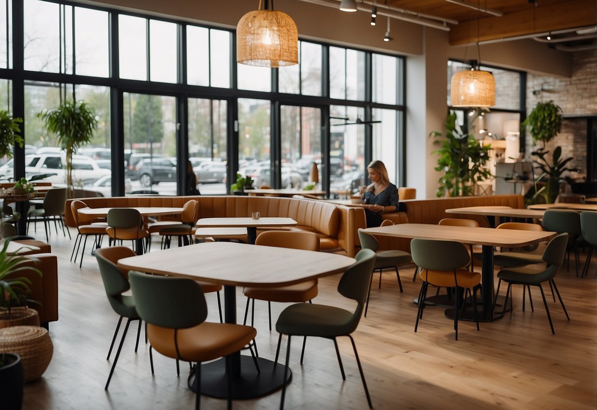 Customers browse modern cafe furniture in a spacious showroom with natural lighting and a cozy ambiance. Tables, chairs, and decor are tastefully displayed