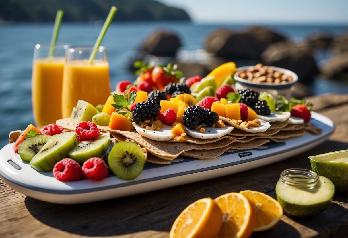 A paddleboard with 10 colorful, compact meals: fruit salad, trail mix, wraps, and energy bars, neatly packed in waterproof containers