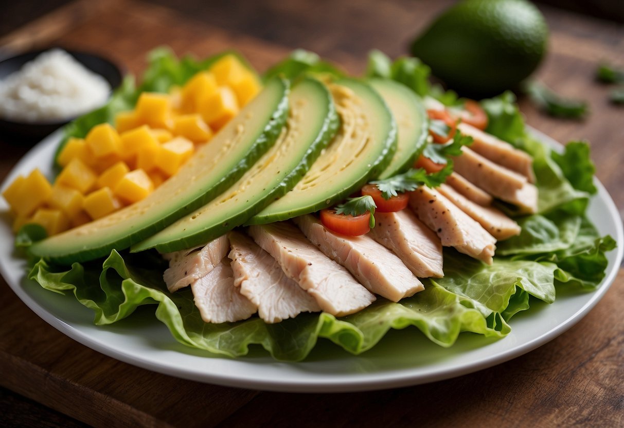 A colorful array of fresh turkey slices, creamy avocado, and vibrant green lettuce arranged on a soft tortilla, ready to be rolled up into a delicious and nutritious meal for a paddleboarding trip