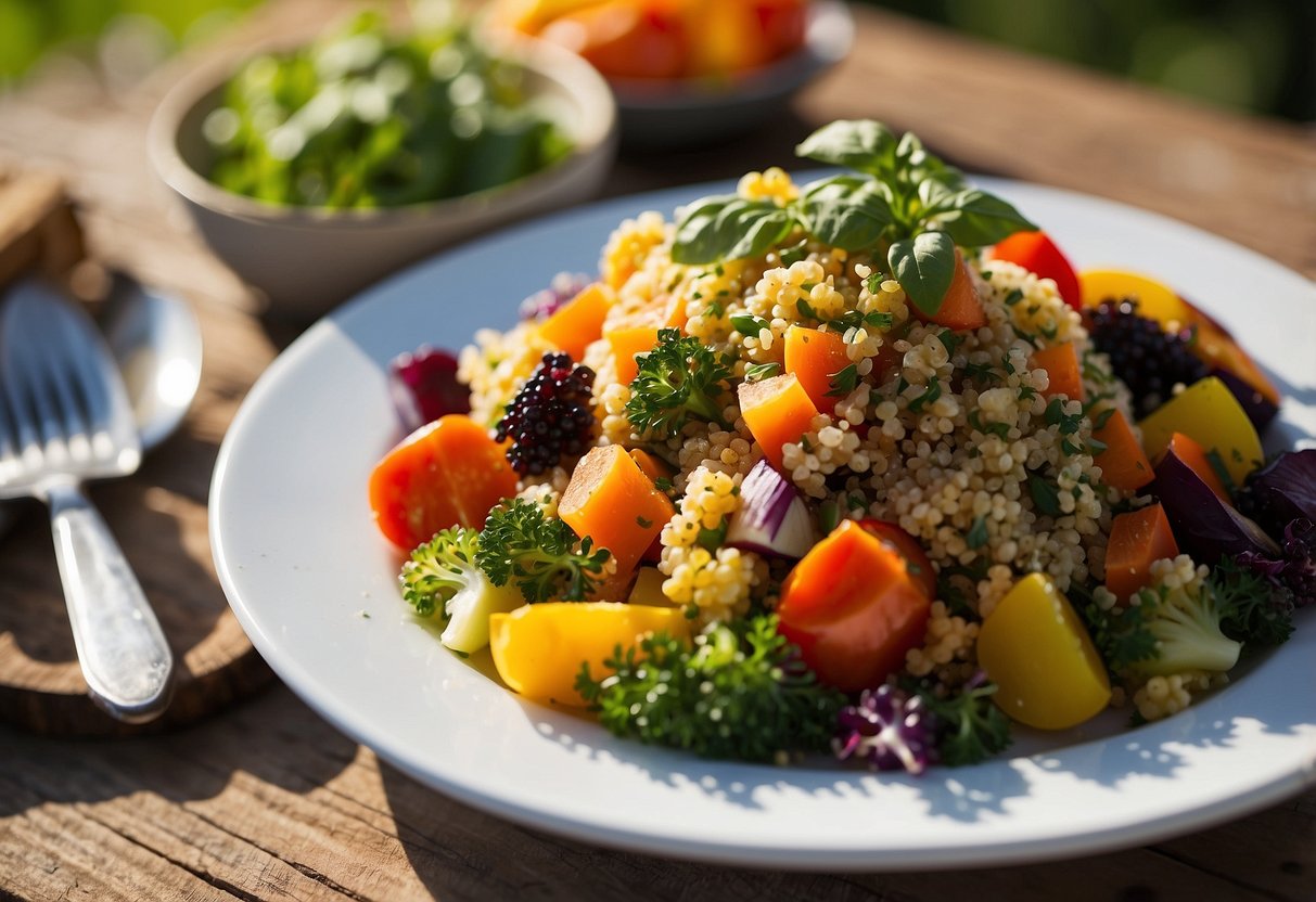 A colorful quinoa salad sits on a wooden picnic table, surrounded by vibrant roasted vegetables. The sun shines down on the meal, creating a warm and inviting scene