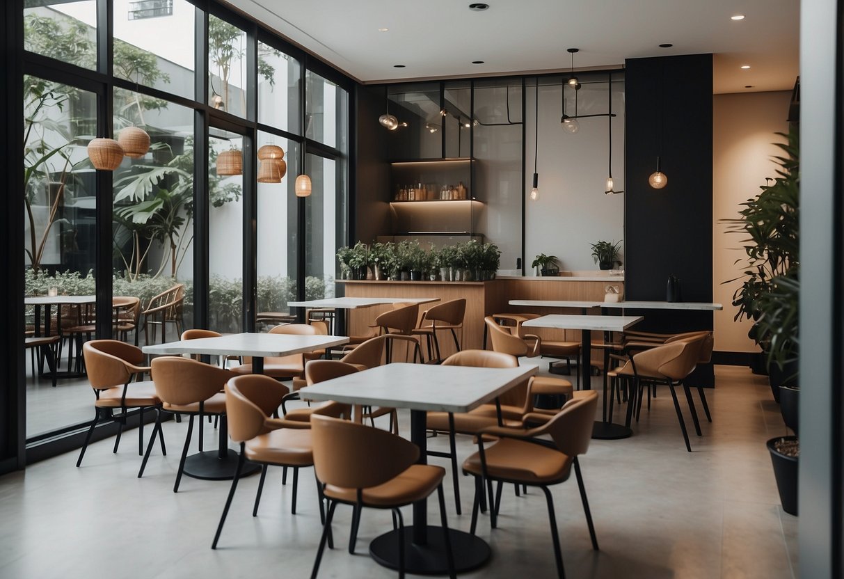 Modern cafe in Singapore with sleek, minimalist furniture. Clean lines, neutral tones, and natural materials create a contemporary and inviting atmosphere
