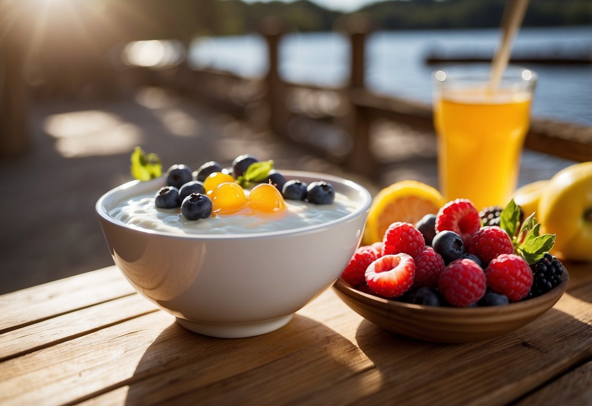 A bowl of Greek yogurt topped with honey and fresh berries sits on a wooden table next to a paddleboard and paddle. The sun shines down on the nutritious meal, highlighting its vibrant colors