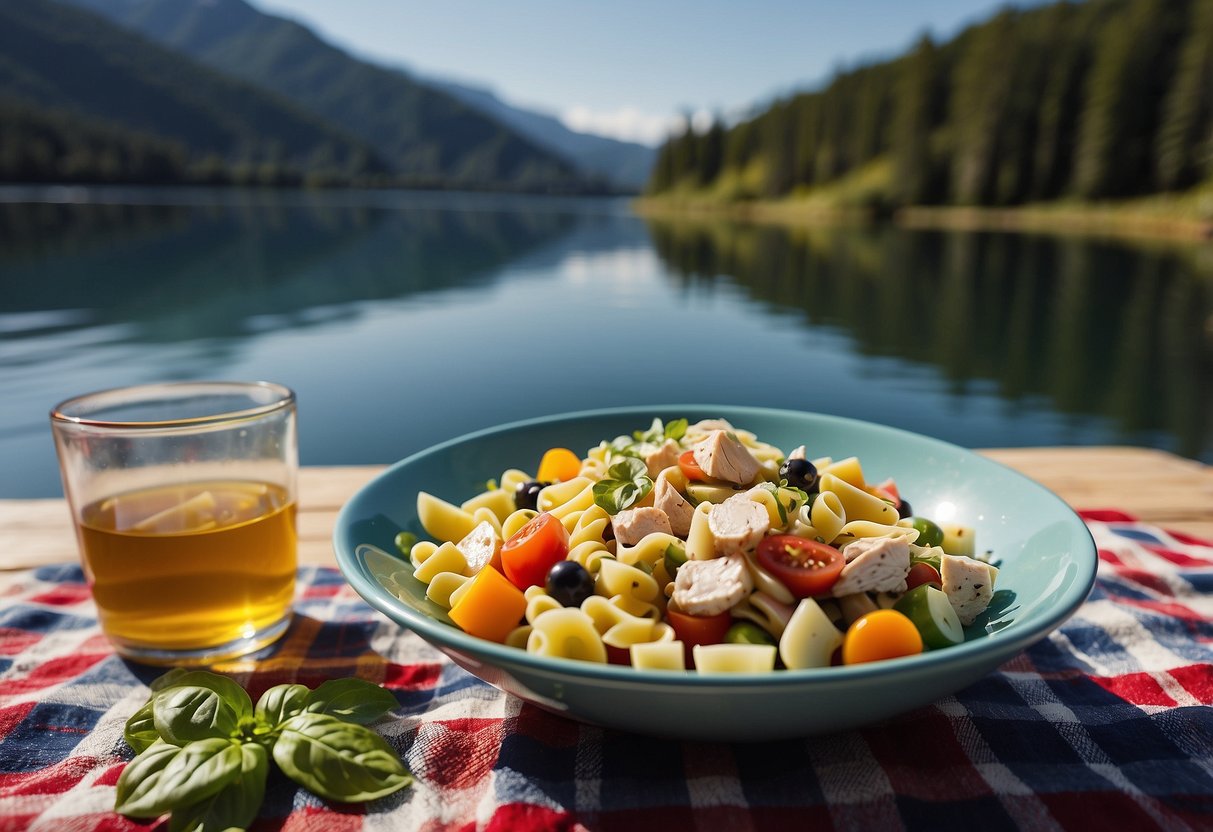 A colorful bowl of pasta salad with chicken, pesto, and vibrant vegetables sits on a picnic blanket near a calm lake, surrounded by paddleboarding gear