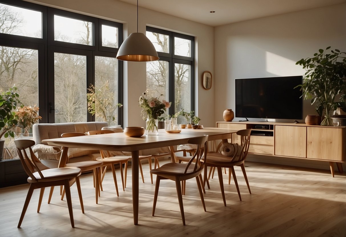 A modern living room with ercol furniture, featuring a sleek dining table, elegant chairs, and a stylish sideboard. Sunlight streams in through large windows, casting a warm glow on the contemporary space